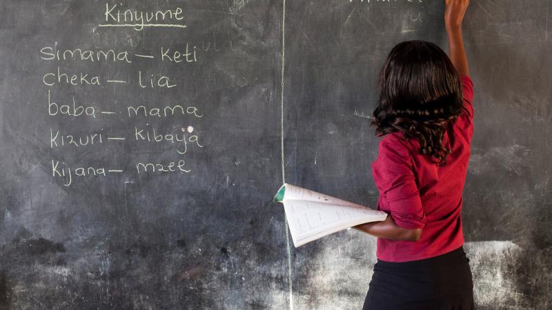 Teacher writes on schoolboard